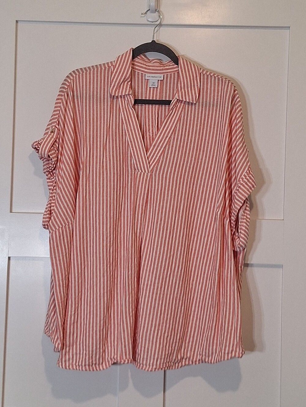 Liz Claiborne Linen Blend Collared V Neck Tunic Short Rolled Sleeves Striped 3X